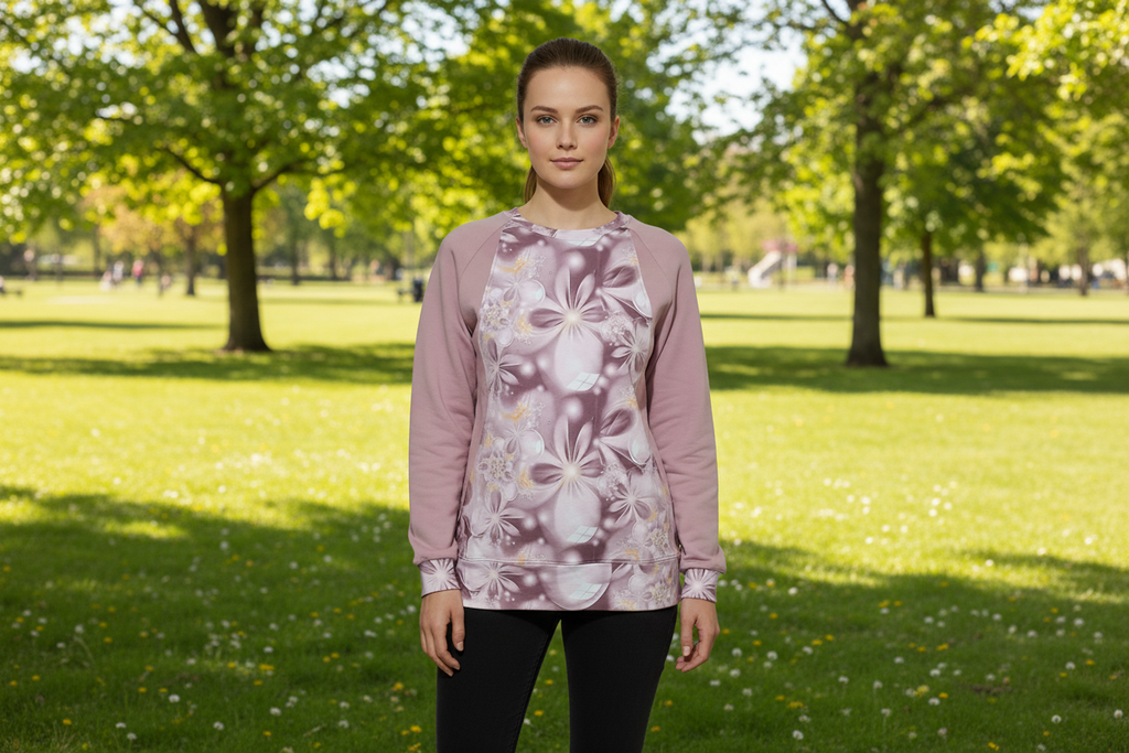 Woman wearing a pink floral sweatshirt in a park