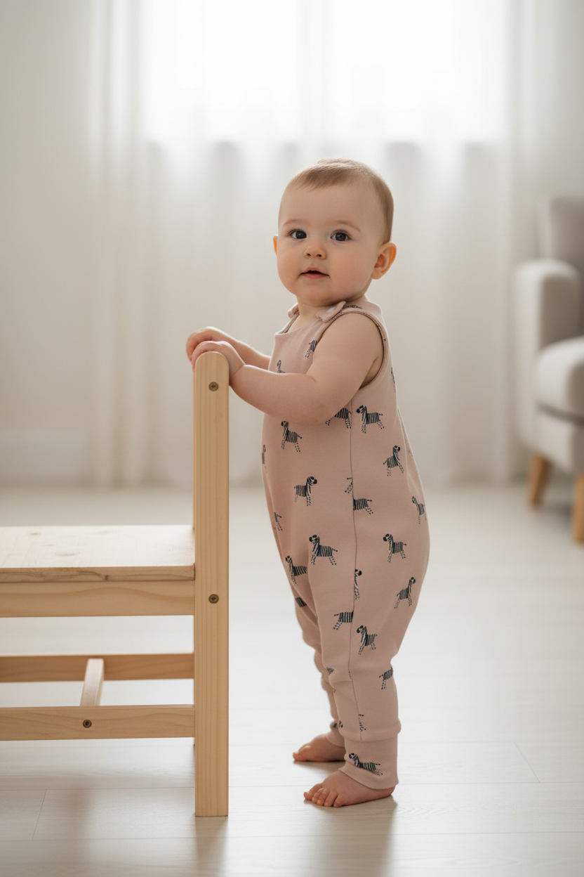 Baby wearing the zebra romper beside a chair