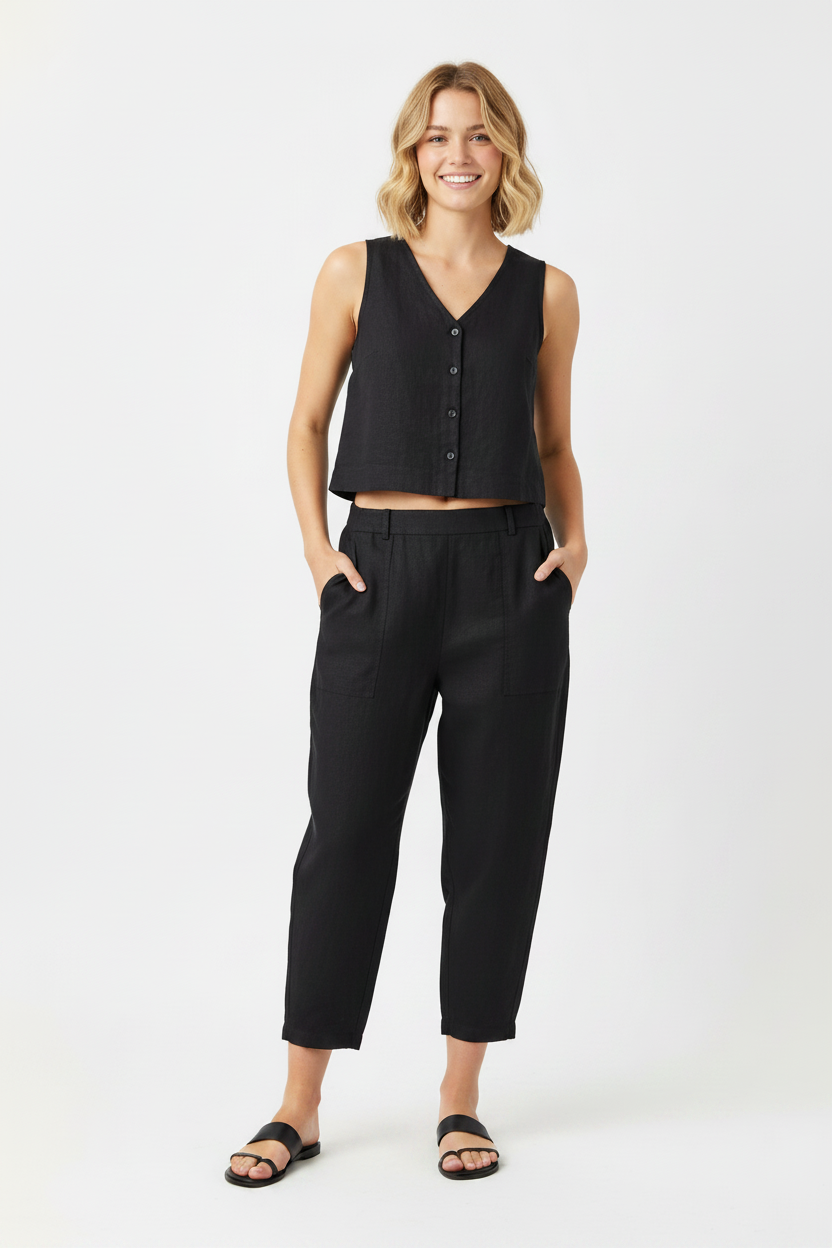 A woman modeling a black sleeveless cropped vest with front buttons and black wide-leg cropped pants, paired with black slide sandals, against a plain white studio background. Snazzy Sproglets