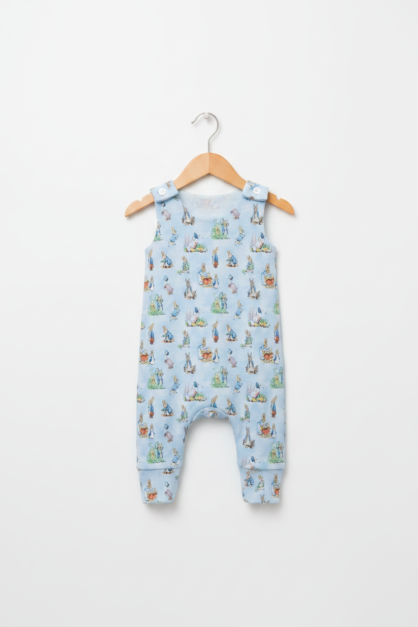 A baby romper in light blue with an all-over print of Peter Rabbit characters, hanging on a wooden hanger against a clean white background. Snazzy Sproglets