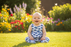 Baby sitting on grass in a garden with flowers in the background