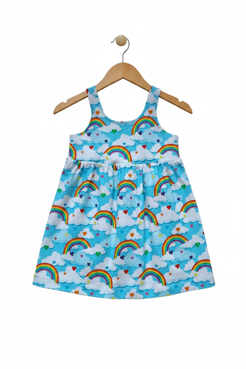 A sleeveless baby dress with a light blue background, featuring a repeating pattern of white clouds, colorful rainbows, and small hearts.