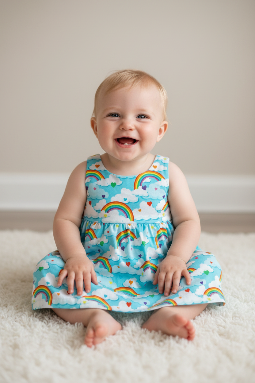 A smiling baby sitting on a white shag rug wearing a light blue sleeveless dress with a rainbow and cloud pattern. snazzy sproglets