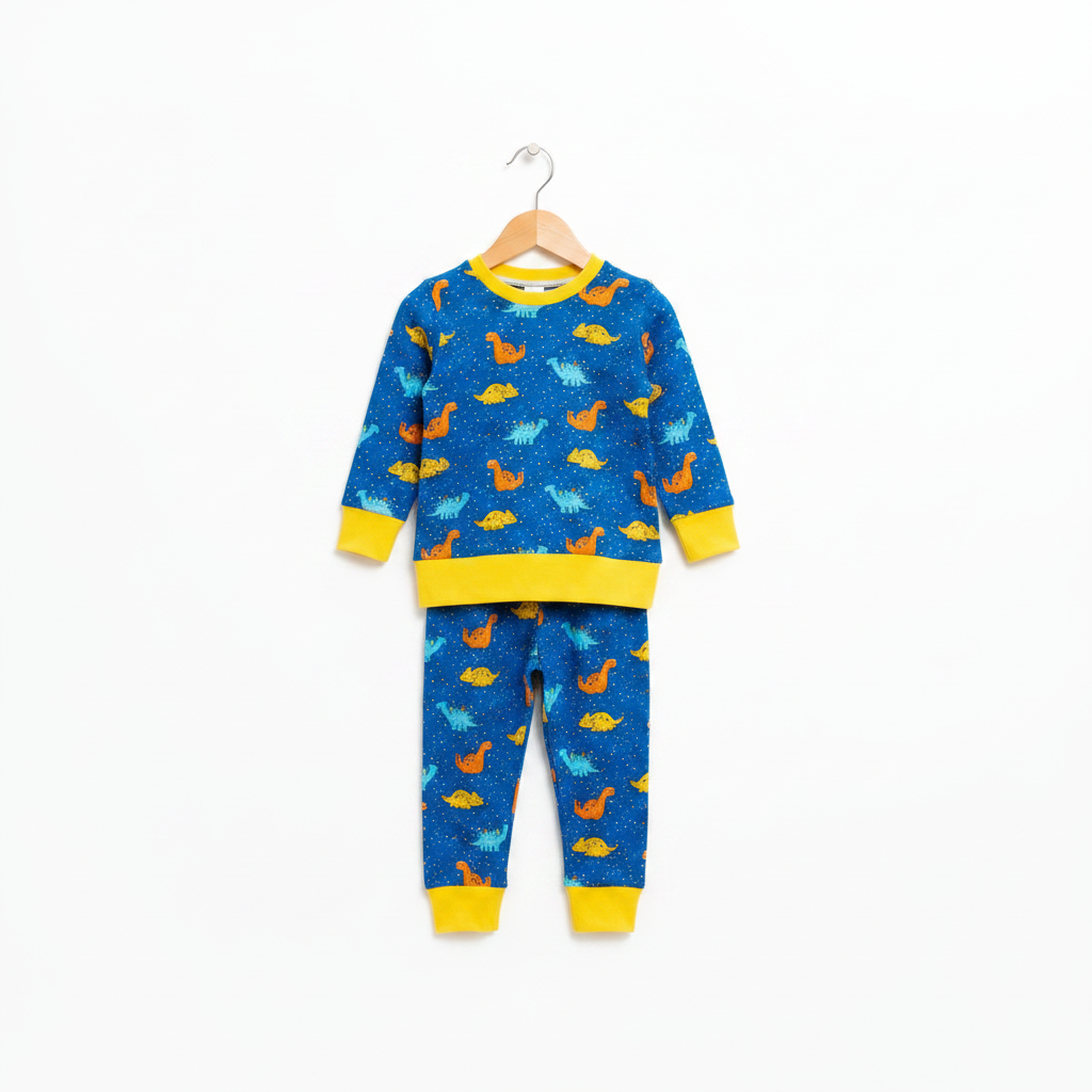 A two-piece children's pajama set hanging on a wooden hanger against a plain white background. The set includes a long-sleeve top and matching pants in blue with a yellow dinosaur pattern and yellow ribbed trim. Snazzy Sproglets