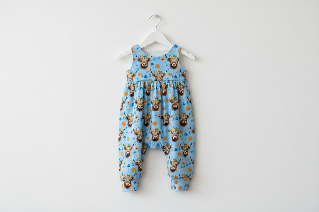 Kids highland cows boho romper on hanger – handmade | Snazzy Sproglets