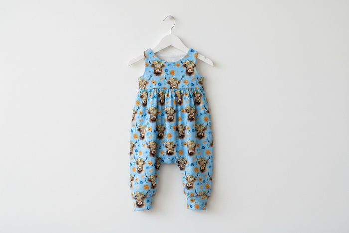 Kids highland cows boho romper on hanger – handmade | Snazzy Sproglets