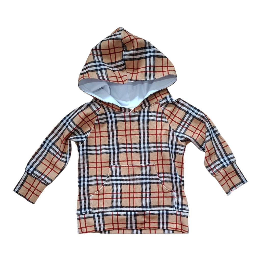 A hooded sweatshirt with a classic plaid pattern in beige, black, white, and red, featuring a kangaroo pocket and a white lining inside the hood, shown against a plain white background.