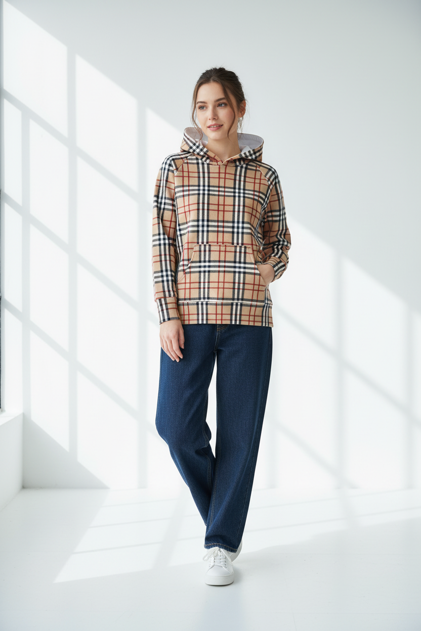 A hooded sweatshirt with a beige, red, and navy blue plaid pattern, featuring a white  lining inside the hood displayed on model