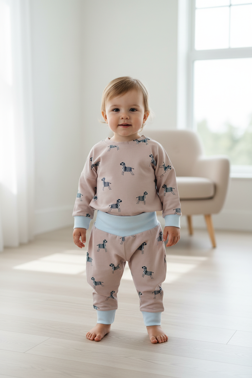Child wearing the peach zebra set