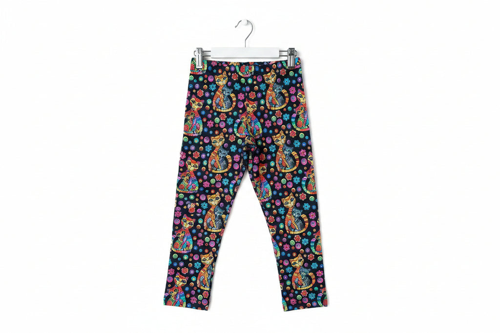 A pair of children's leggings with a colorful print of orange tabby cats, pink and blue flowers, and gold dots on a dark navy background, laid flat on a rustic wooden surface.