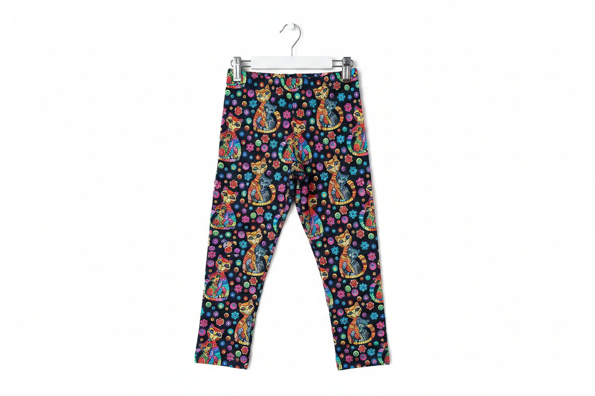 A pair of children's leggings with a colorful print of orange tabby cats, pink and blue flowers, and gold dots on a dark navy background, laid flat on a rustic wooden surface.