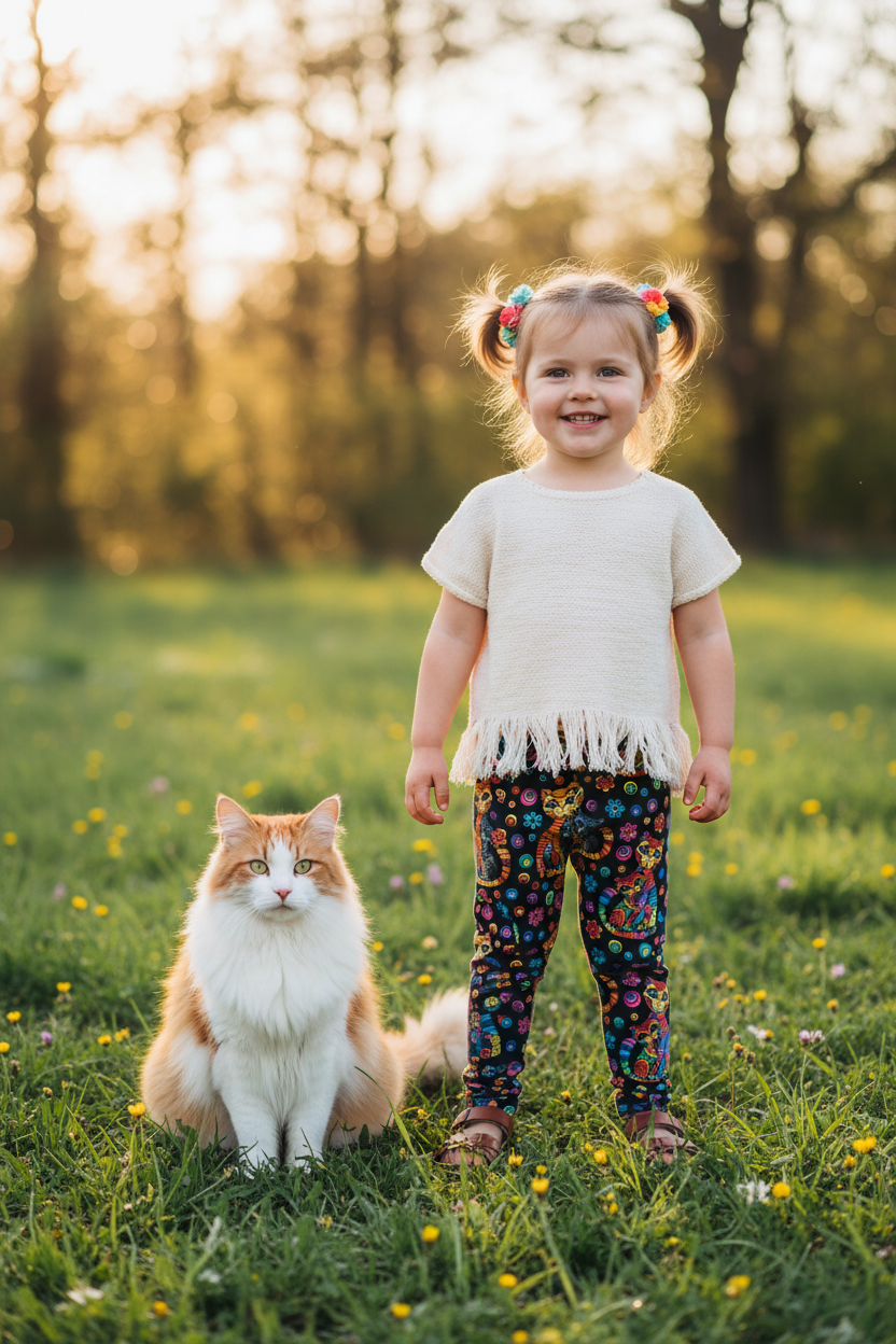 A young child stands in a grassy field at sunset next to a fluffy orange-and-white cat. The child wears a cream short-sleeve top with fringe and dark patterned leggings, and the background is softly blurred with warm golden light.