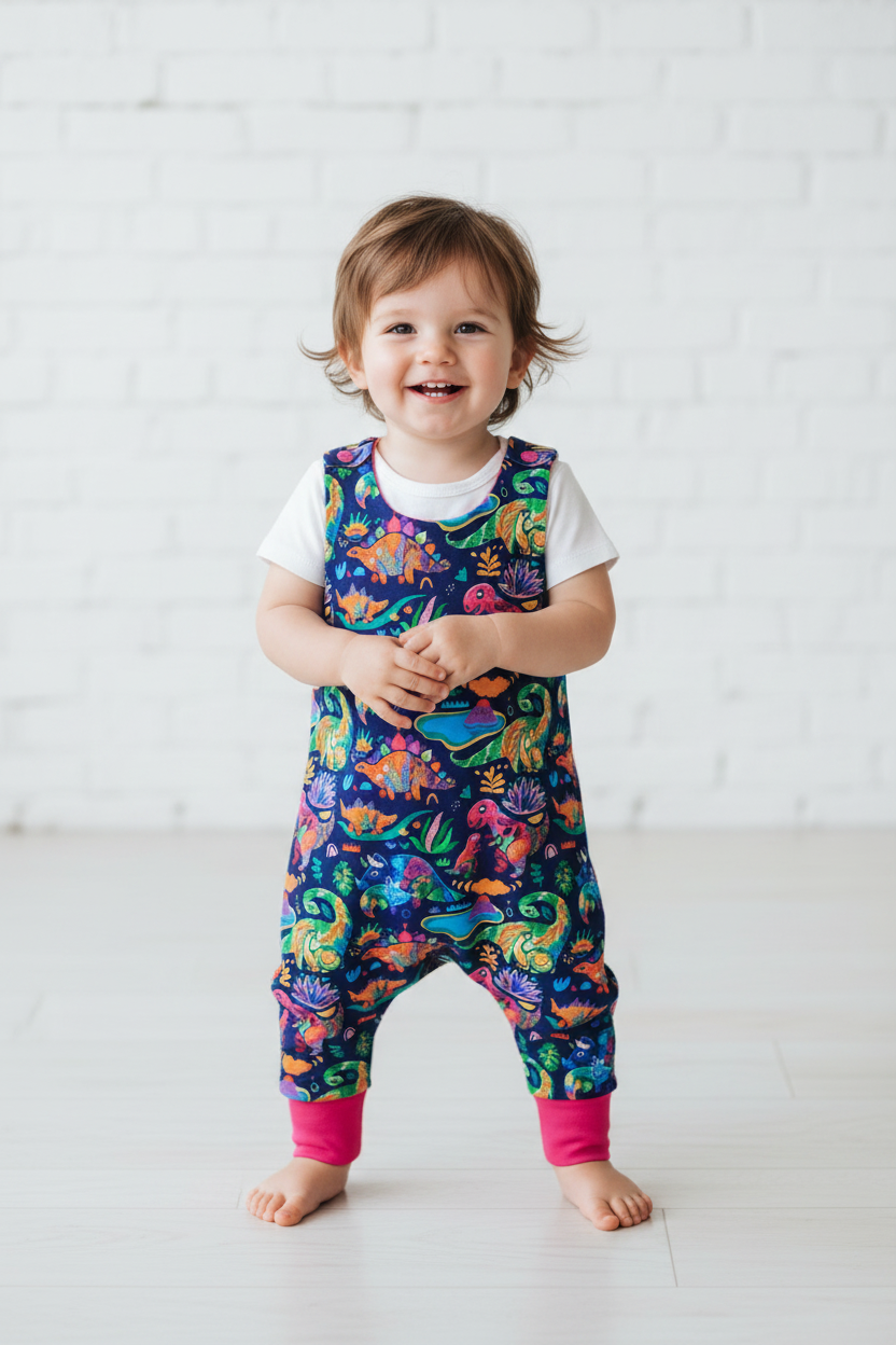 A toddler standing barefoot on a light wood floor against a white brick wall, wearing a colorful dinosaur print overall romper over a white t-shirt. Snazzy Sproglets