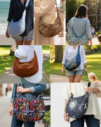 Collage of people carrying various handbags in different settings.