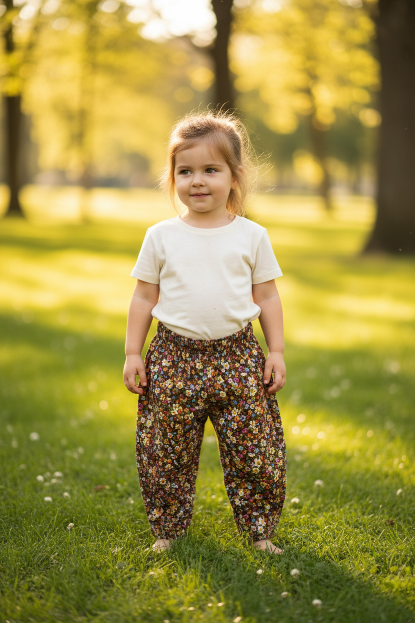 Kids Flowered Needlecord Ankle Length Barrel Leg Pants