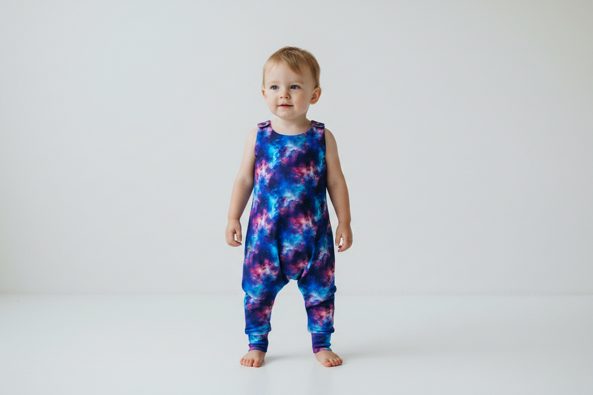 A toddler standing barefoot against a plain white studio background, wearing a sleeveless one-piece jumpsuit with a galaxy print in blue, purple, and pink. snazzy sproglets