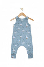 A light green sleeveless baby jumpsuit with an all-over print of white ducks, yellow beaks, and tiny blue and yellow floral details. The jumpsuit features adjustable shoulder straps and a footless cuffed leg design, shown flat against a solid white background.