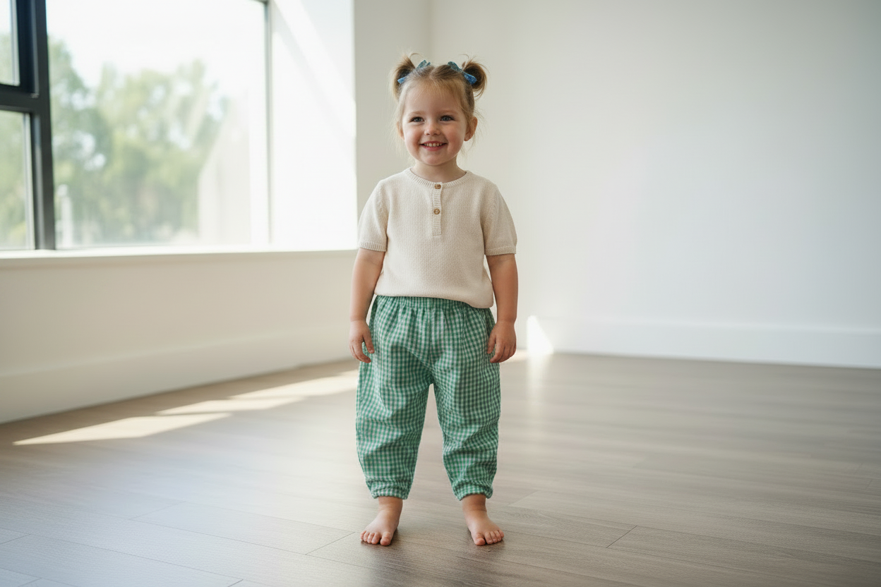 Kids Green Check Cotton Ankle Length Barrel Leg Pants
