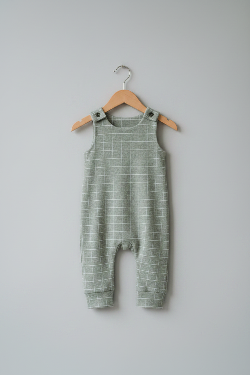 A sleeveless baby romper in sage green with a white windowpane grid pattern, hanging on a wooden hanger against a solid light gray background. Snazzy Sproglets