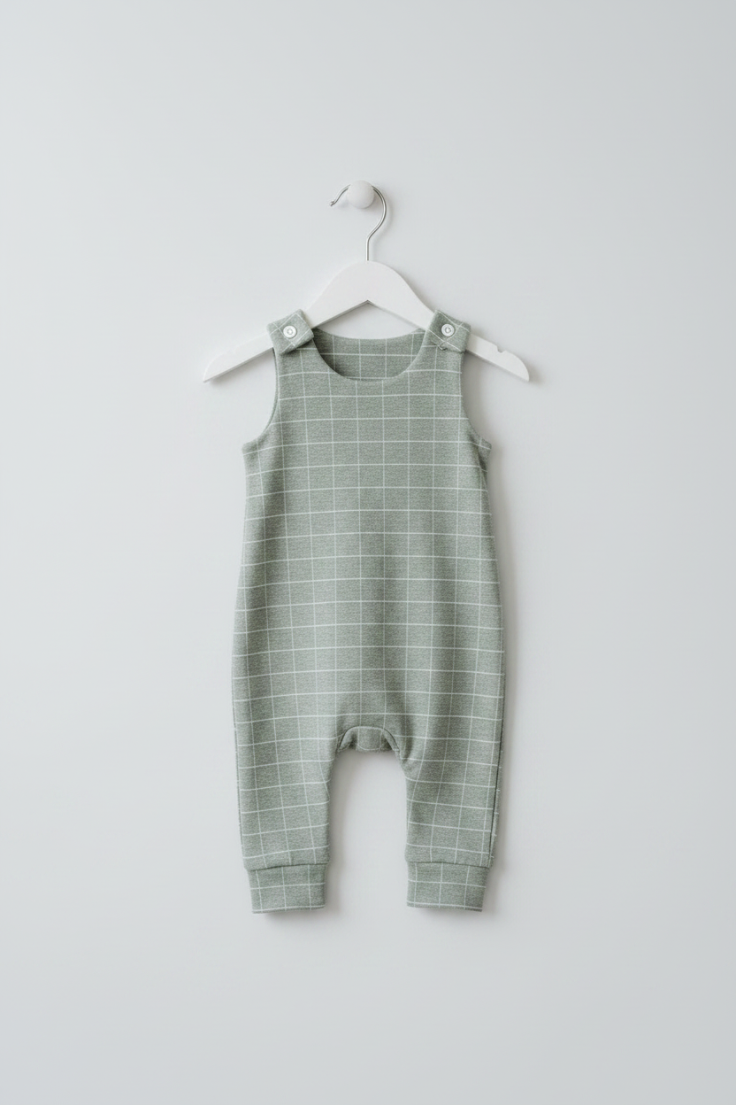A sage green baby romper with a white windowpane grid pattern, hanging on a white plastic hanger against a light gray background. Snazzy Sproglets