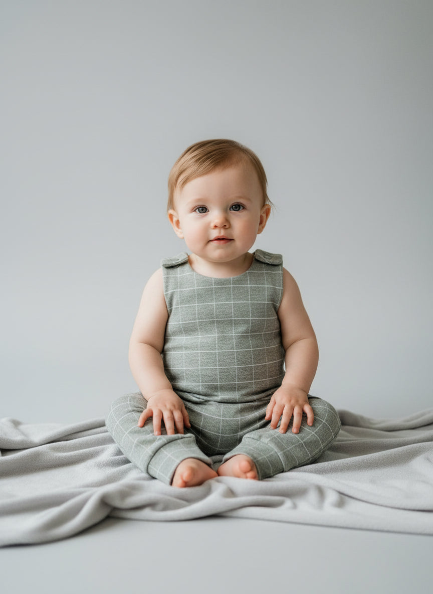 Kids green checked boho romper – handmade baggy fit | Snazzy Sproglets