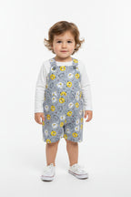 A baby romper in light blue-gray with an all-over print of cartoon animal faces, including yellow lions, white bears, and black-and-white bears, shown on a plain white background. Snazzy Sproglets