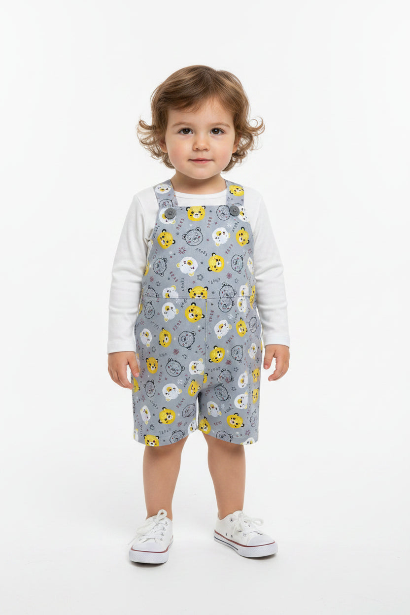 A baby romper in light blue-gray with an all-over print of cartoon animal faces, including yellow lions, white bears, and black-and-white bears, shown on a plain white background. Snazzy Sproglets