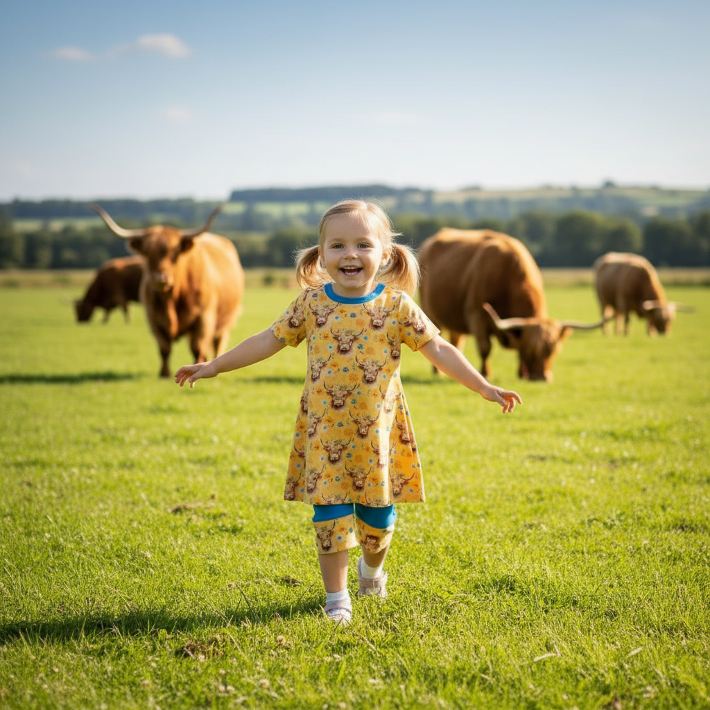 Child in a yellow dress running in a field with cows in the background
