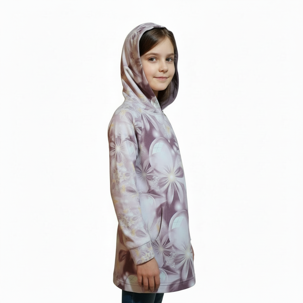 Child wearing a floral-patterned hoodie on a white background