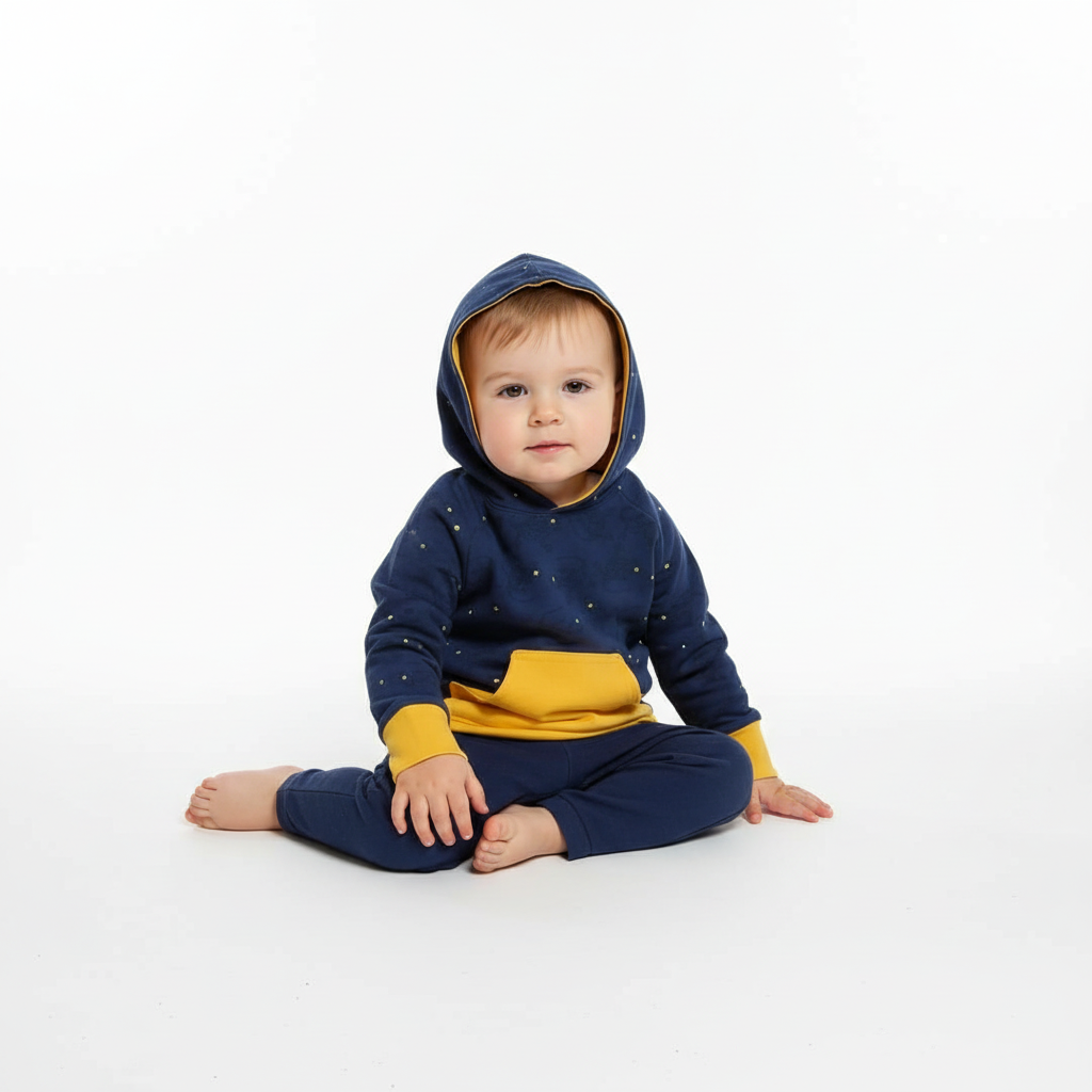 Baby wearing a blue and yellow outfit with a hood on a white background