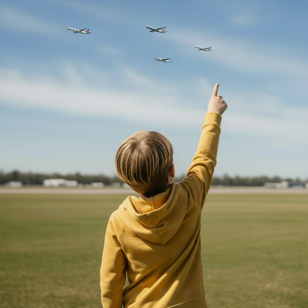 Child in a yellow hoodie pointing at airplanes in the sky