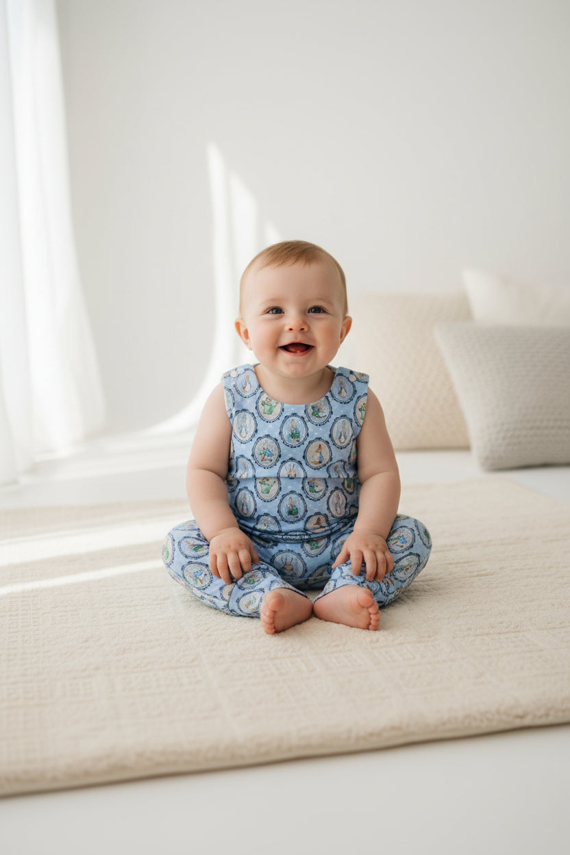A sleeveless baby romper with a light blue background and an all-over repeating circular medallion pattern in beige, brown, and green, shown flat against a white background.