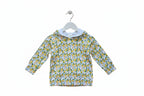 A children's long-sleeve hooded sweatshirt with an all-over lemon and white floral print, laid flat against a white background.