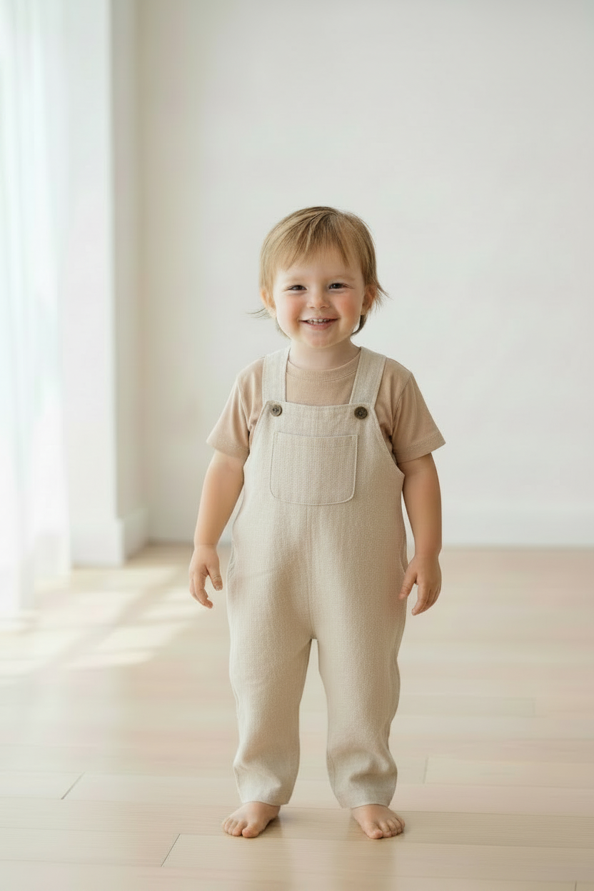 A smiling toddler standing barefoot on a light wood floor in a bright room, wearing a beige linen overall-style romper over a matching beige short-sleeve top. Snazzy Sproglets