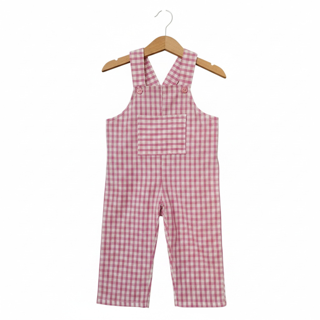 A baby romper in a pink and white gingham check pattern, hanging on a wooden hanger against a plain white background. Snazzy Sproglets