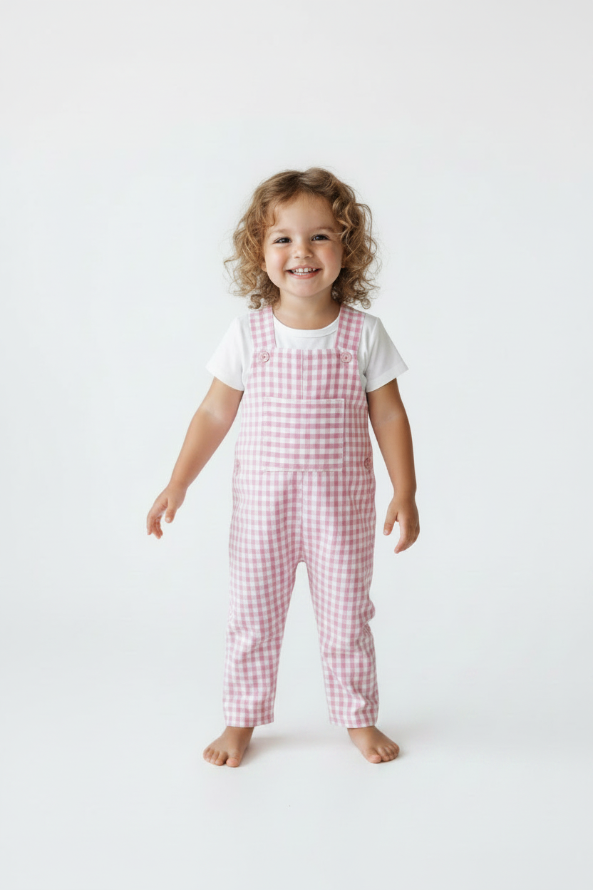 A smiling toddler with curly light brown hair stands barefoot on a seamless white studio background, wearing pink and white gingham check overalls over a white short-sleeve t-shirt. Snazzy Sproglets