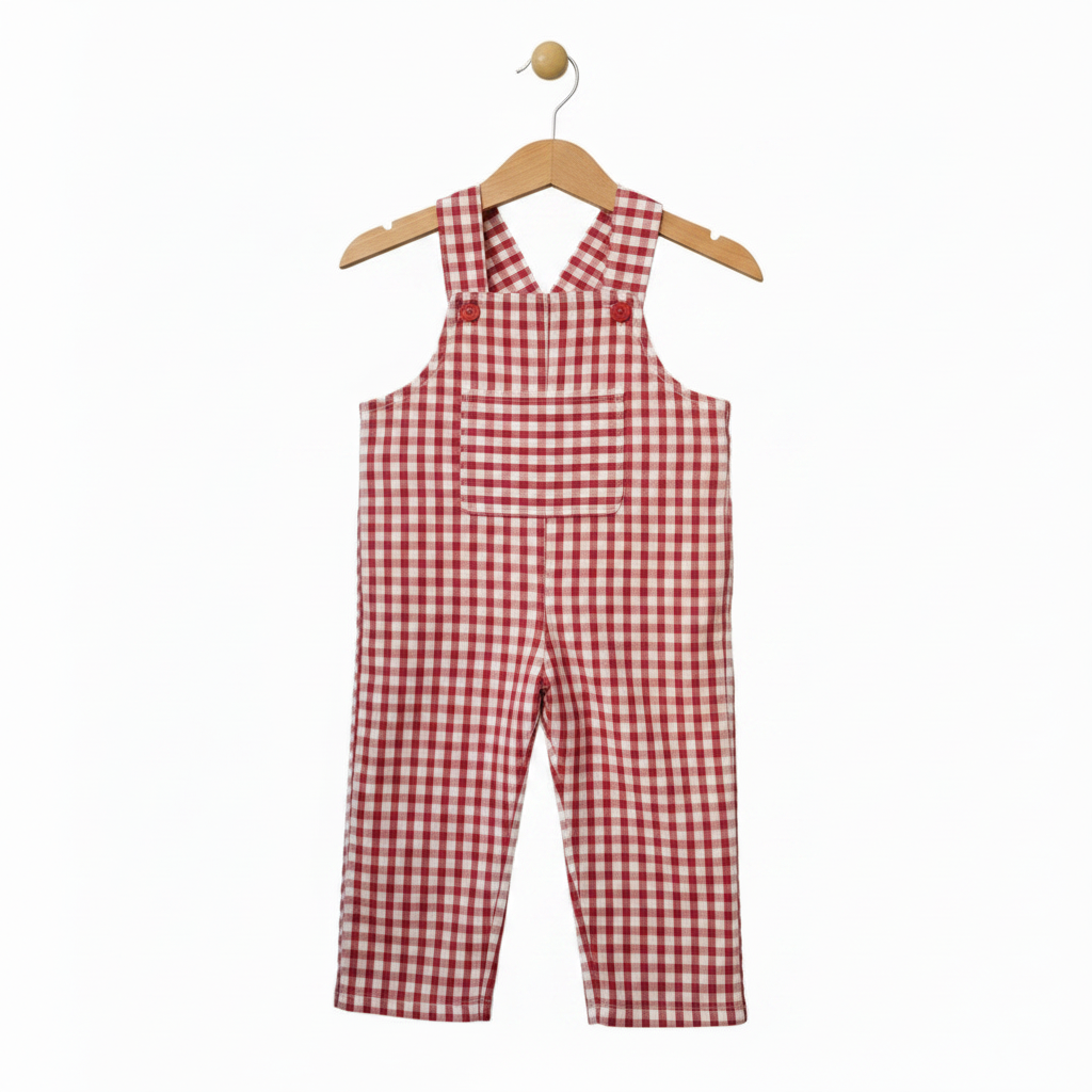 A baby romper in a red and white gingham check pattern, hanging on a wooden hanger against a plain white background. Snazzy Sproglets