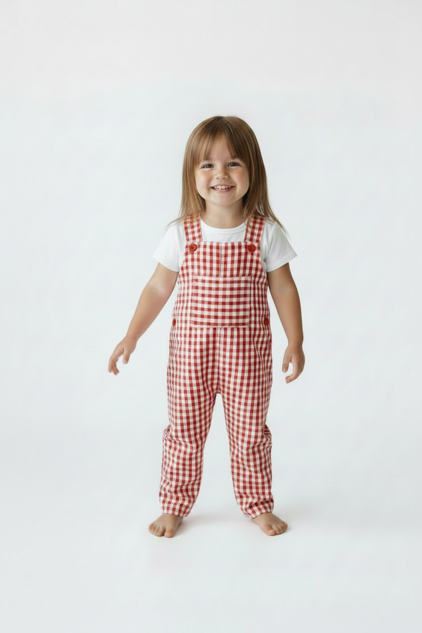 A young child standing barefoot against a plain white studio background, wearing red-and-white gingham bib overalls over a white short-sleeve top. Snazzy Sproglets