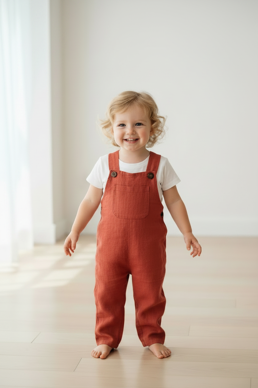 A smiling toddler standing barefoot on a light wood floor in a bright, minimalist room, wearing rust-orange linen overall over a white t-shirt. Snazzy Sproglets