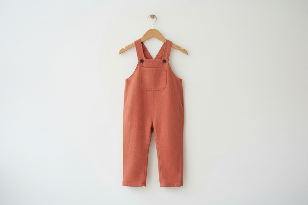 A terracotta-colored sleeveless baby jumpsuit or overall hanging from a wooden hanger against a plain white wall. Snazzy Sproglets