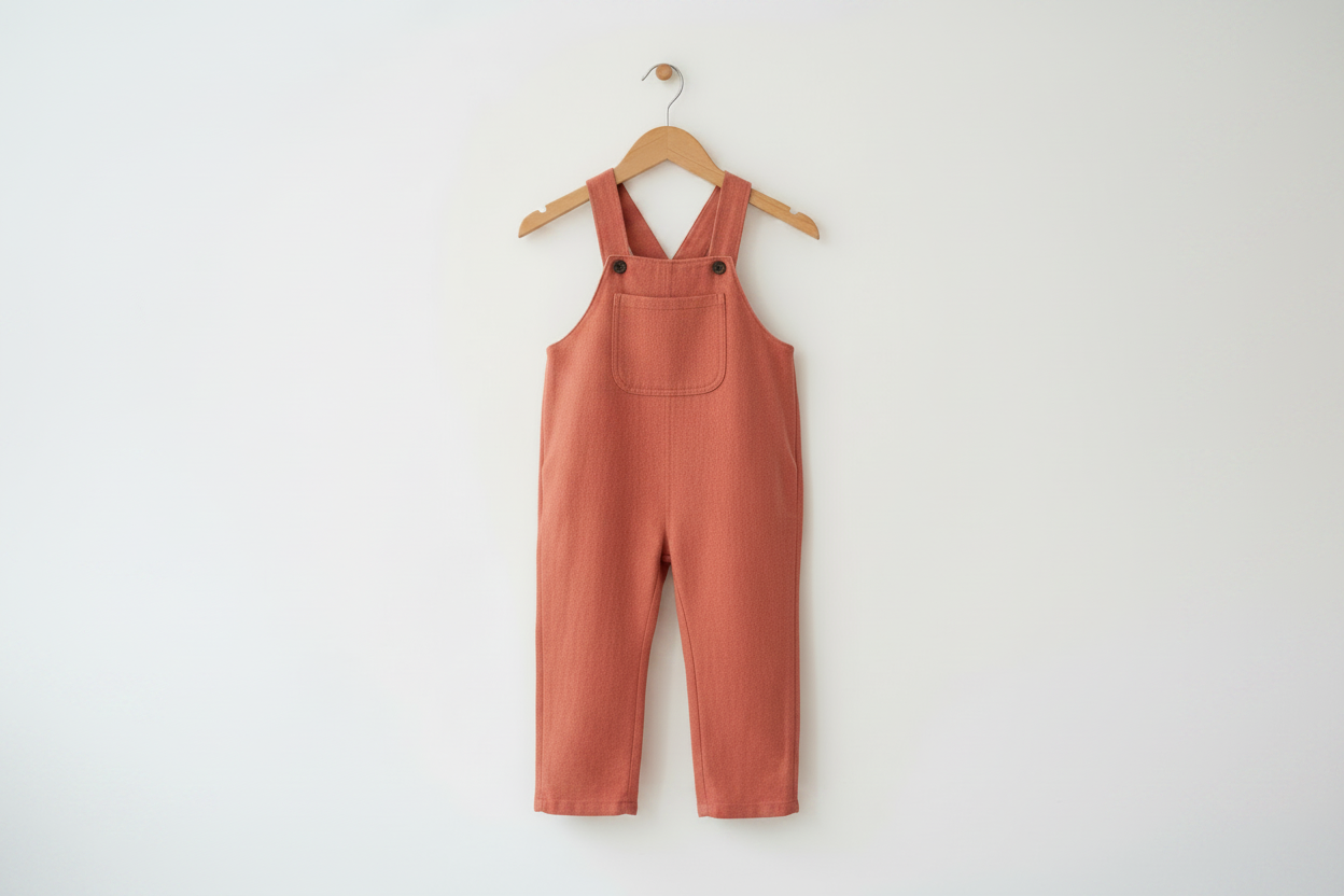 A terracotta-colored sleeveless baby jumpsuit or overall hanging from a wooden hanger against a plain white wall. Snazzy Sproglets