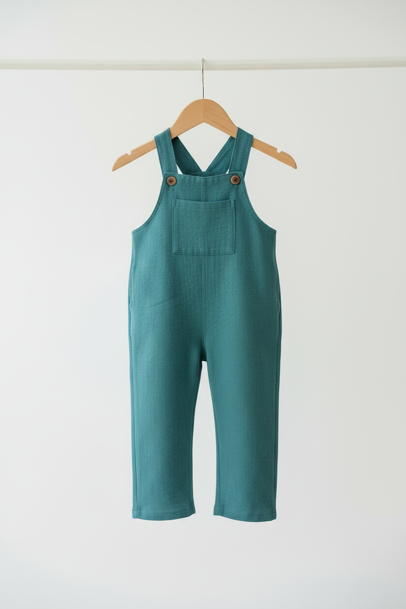 A teal blue-green children's overall jumpsuit hanging on a wooden hanger against a plain white wall. Snazzy Sproglets