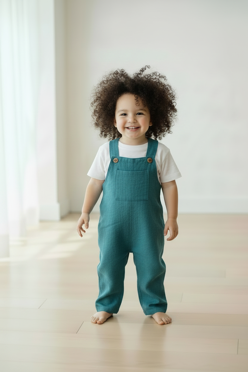 A smiling toddler with curly dark hair stands barefoot on a light wood floor in a bright room, wearing teal-blue overall-style baby pants over a white short-sleeve shirt. Snazzy Sproglets