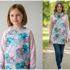 Two images of a woman wearing a floral top and pink cardigan; one indoors, one outdoors on a path.