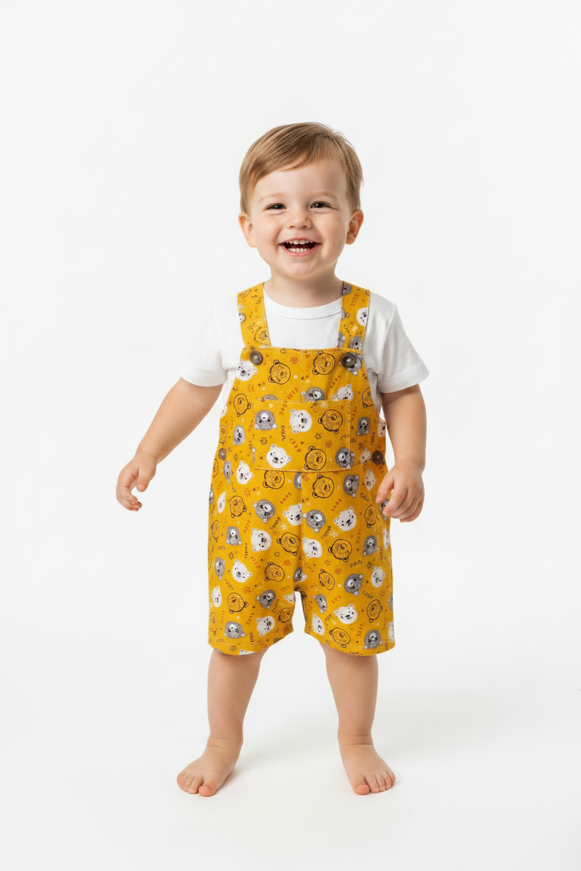 A smiling toddler standing barefoot against a clean white studio background, wearing mustard yellow overall-style shorts with a white T-shirt underneath and an allover smiley-face print. Snazzy Sproglets