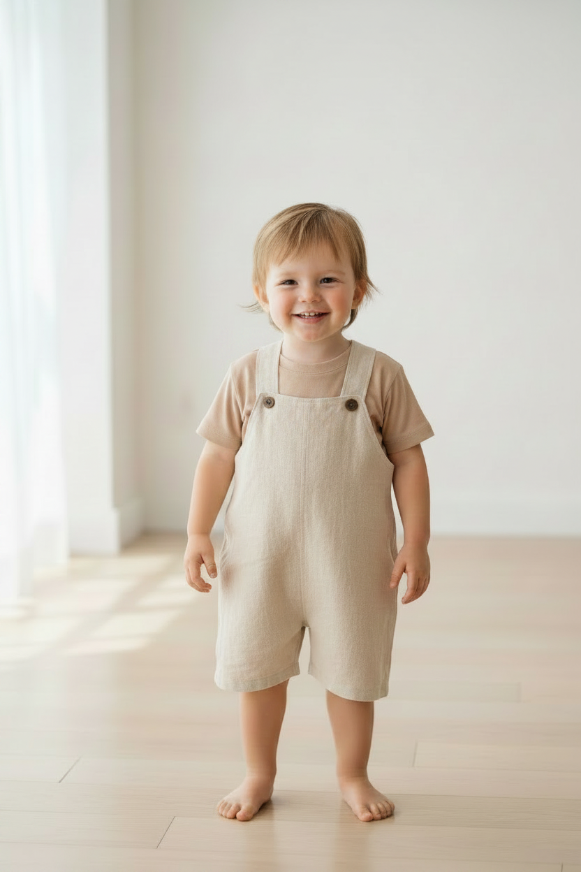 A smiling toddler stands barefoot on a light wood floor in a bright, minimalist room, wearing a beige linen-look overall romper over a matching beige t-shirt.