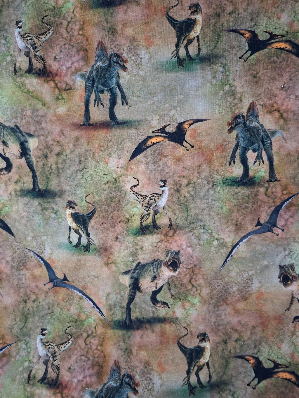 Pattern of various dinosaurs on a textured background