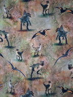 Pattern of various dinosaurs on a textured background