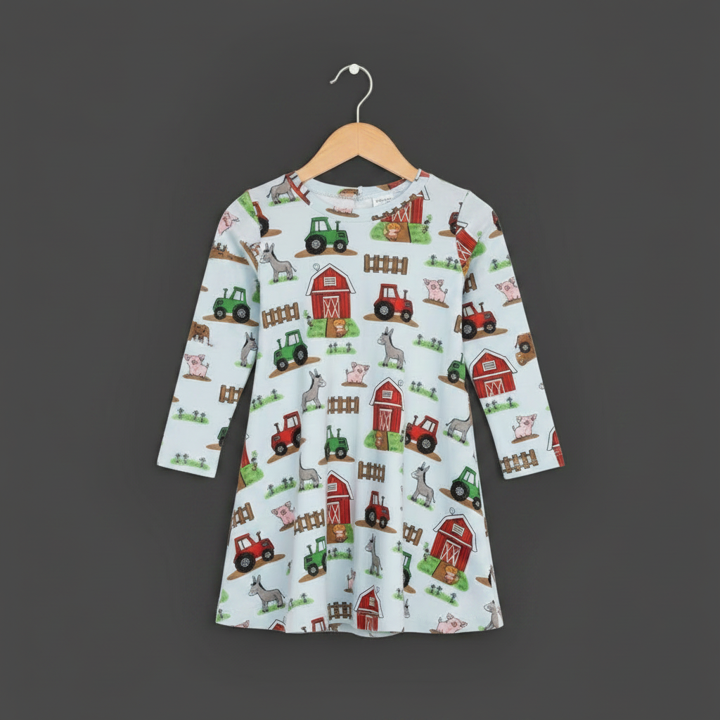 Kids pale blue tractor swing dress – handmade cotton jersey | Snazzy Sproglets