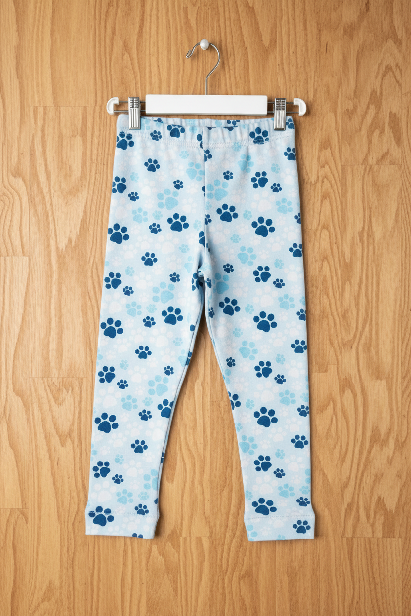 A pair of children's leggings hanging on a white hanger against a light wood plank wall. The leggings are light blue with an allover pattern of medium and dark blue paw prints.